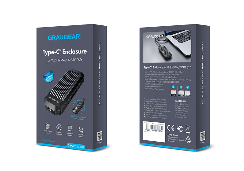 [Australia - AusPower] - GRAUGEAR 10Gbps M.2 NVMe SATA SSD Enclosure Adapter, Tool-Free USB3.2 Gen2 External SSD Case, USB C to USB C/USB A Cables, M Key, B+M Key, RTL9210B for Size 2230/2242/2260/2280[G-M202-AC-10G] 