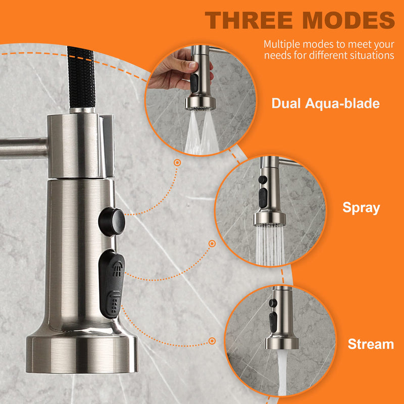 [Australia - AusPower] - Pull Down Spray Head Replacement - for Kitchen Faucet Sprayer Head with 11 Adapters, 3 Function Pull Out Faucet Spray Nozzle, Brushed Nickel 