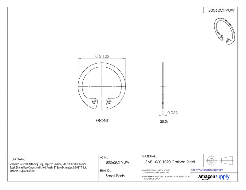 [Australia - AusPower] - Standard Internal Retaining Ring, Tapered Section, SAE 1060-1090 Carbon Steel, Zinc Yellow Chromate Plated Finish, 2" Bore Diameter, 0.062" Thick, Made in US (Pack of 10) 2 Inches Bore Diameter 