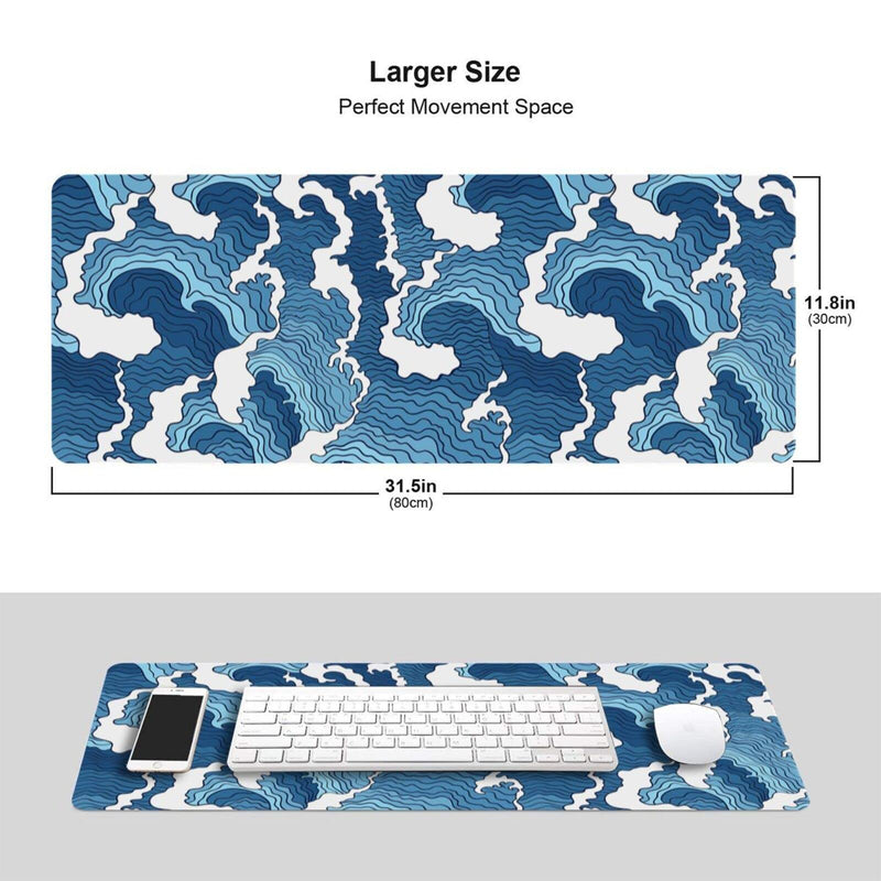 [Australia - AusPower] - Japanese Wave Mouse Pad Blue and White Mouse Pad Gaming Large XXL Long Mousepad Extended XL Desk Mat Non-Slip Rubber Base Stitched Edges Mice Pad 31.5 X 11.8 Inch Abstract Japanese Wave 