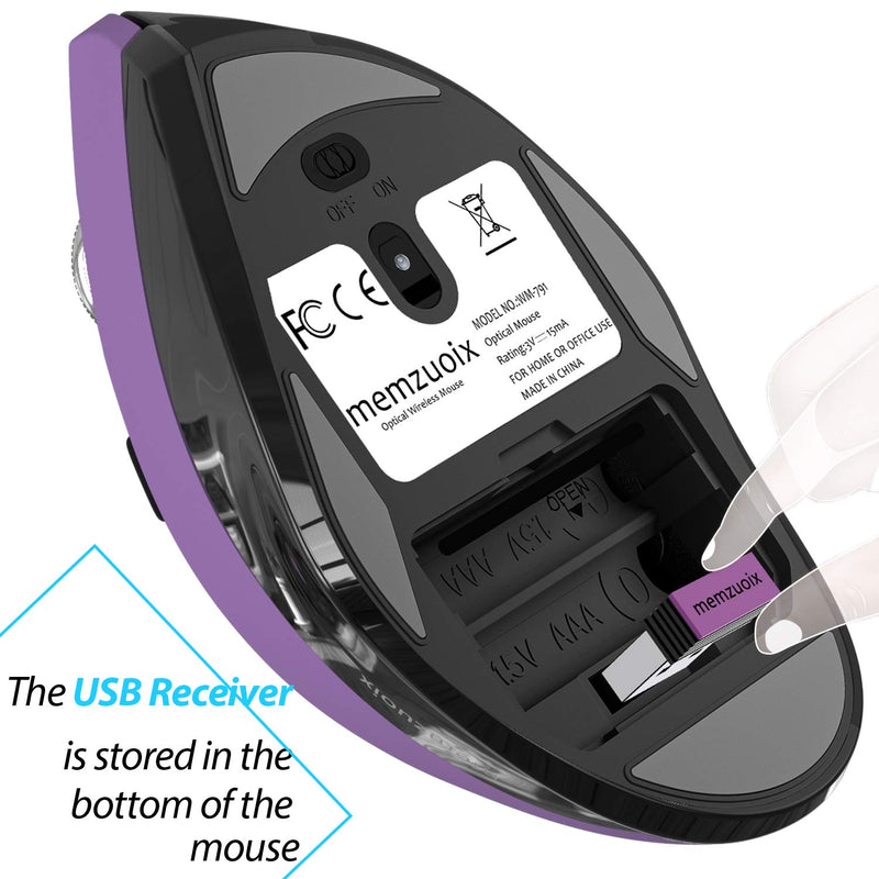 [Australia - AusPower] - Memzuoix Ergonomic Mouse Wireless, 2.4G Optical Cordless Mice with 800 / 1200 /1600 DPI, Vertical Computer Wireless Mouse for Laptop, Mac, PC, Desktop (for Right Hand, Large), Purple 