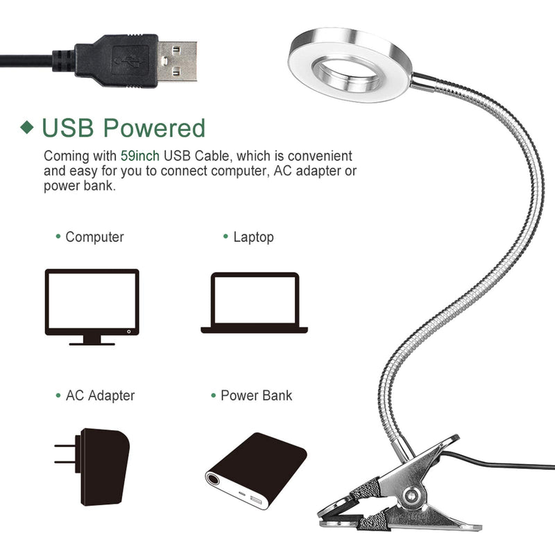 [Australia - AusPower] - GLORIOUS-LITE LED Clip on Light, 36 LED Reading Light, 4 Modes Book Light, 360° Rotation Gooseneck Reading Lamp, Eye-Caring Clip on Lamp for Bed, Desk,Computer, Headboard, Dorm Room(Silver) Silver 