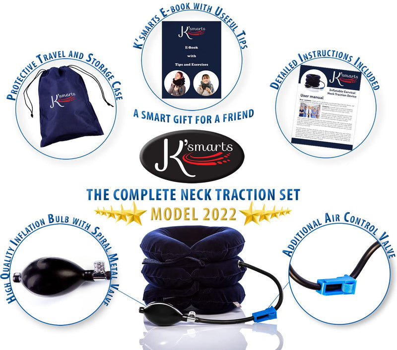 [Australia - AusPower] - Pinched Nerve Neck Stretcher Cervical Traction Device for Home Pain Treatment | Inflatable Spinal Decompression Collar Unit Muscle Strain Injury Relief | Herniated Disc Problems Remedy Kit (Blue) Blue 