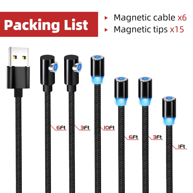 [Australia - AusPower] - Magnetic Charging Cable 6-Pack [1ft/3ft/3ft/6ft/6ft/10ft], 3-in-1 Magnetic Phone Charger 360° Rotating USB Magnetic Cable Nylon Braided Magnet Charger Cord for Micro USB, Type-C, lproduct Device-Black Black 