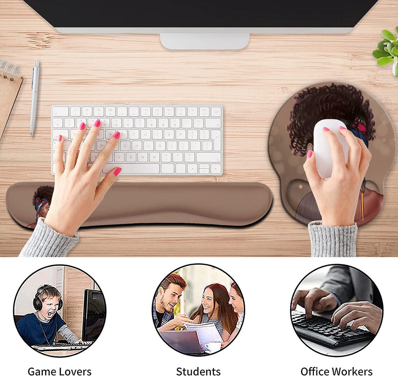 [Australia - AusPower] - Ergonomic Mouse Pad Wrist Support Gel and Keyboard Wrist Rest Set for Laptop, Mac, Gaming and Office, Durable, Comfortable and Pain Relief + Coaster , African American Women Girl 