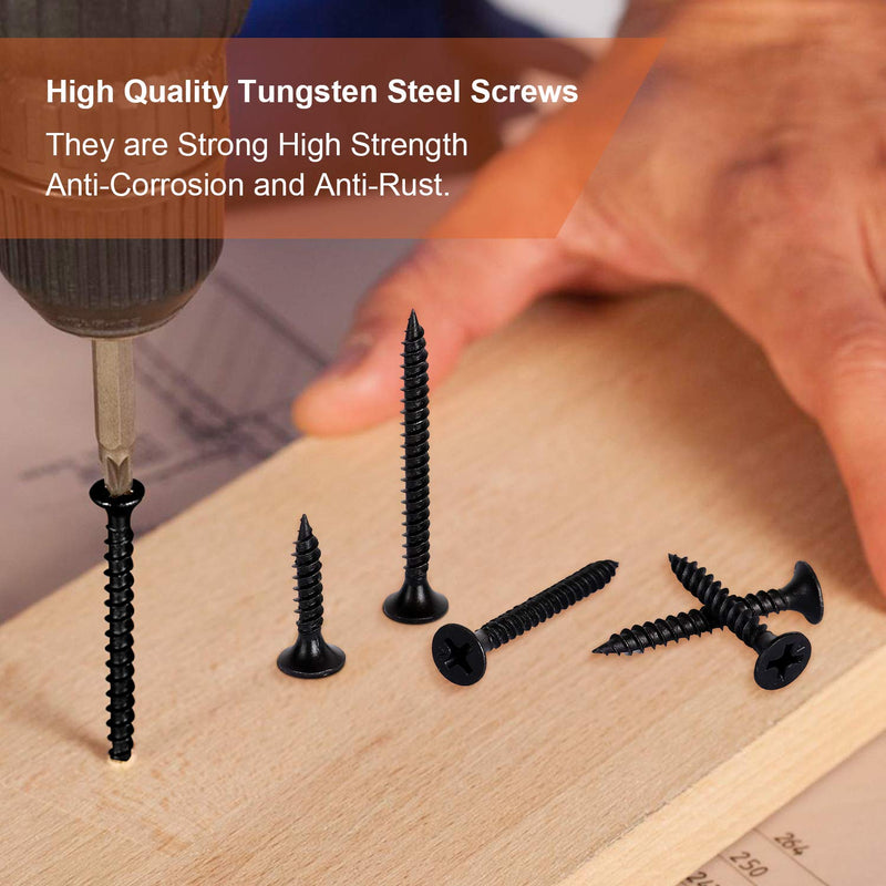 [Australia - AusPower] - 190PCS Premium Drywall Screws, Quality Black Steel #7 Sharp Point Self Tapping Screws with Phillips Drive, 8 Different Sizes Screws Assortment Set, Ideal Screw for Drywall Sheetrock, Wood and More 