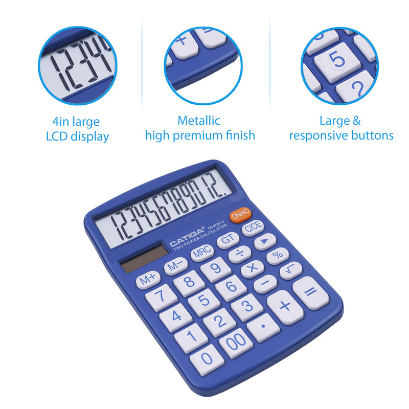 [Australia - AusPower] - Desktop Calculator 12 Digit with Large LCD Display and Sensitive Button, Solar and Battery Dual Power, Standard Function for Office, Home, School, CD-2786 (Blue) Blue 