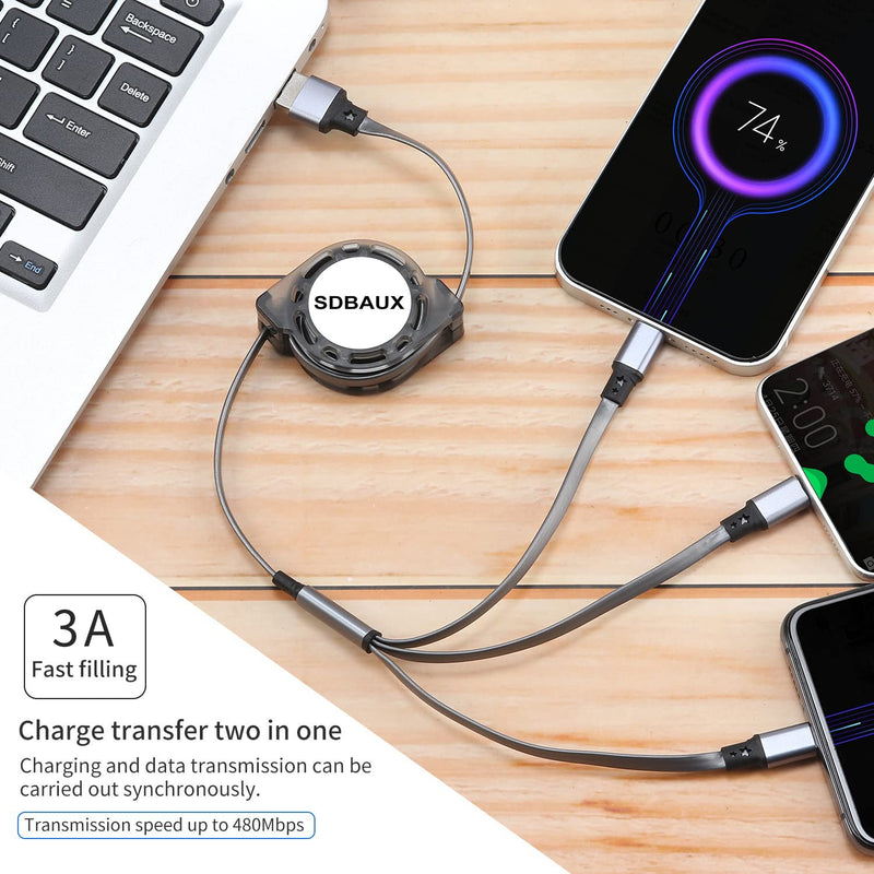 [Australia - AusPower] - SDBAUX 2Pack Multi USB Charger Cable Retractable 3 in 1 Multiple Charging Cord Adapter with Mini Type C Micro USB Port Connectors Compatible with Cell Phones Tablets Universal Use (3.3ft/Gray) 