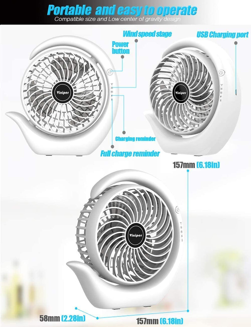 [Australia - AusPower] - viniper Portable Rechargeable Fan, Small Desk Fan : 3 Speeds & 8-24 Hours Longer Working, 180° Rotation, Portable USB Battery Fan for Office/Home (Black-Blue) 6.2 inch Black blue 