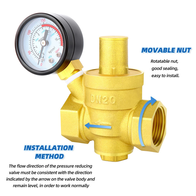 [Australia - AusPower] - MEANLIN MEASURE 3/4 inch brass Water pressure regulating valve, pressure regulating valve, pressure reducing valve, DN20, with 0-250PSI pressure gauge 