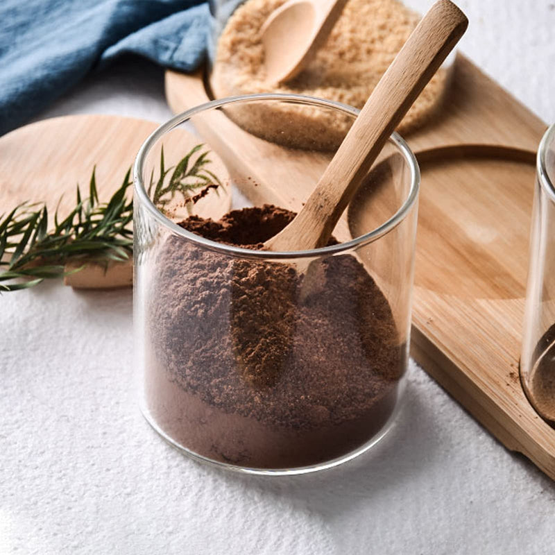 [Australia - AusPower] - 300ML/10Oz Clear Glass Jar with Bamboo Lid and Wooden Spoon, Cute Sugar Bowl Bath Salt Storage Canister Seasoning Container Condiment Pot with Scoop for Spice, Pepper for Kitchen, Table, Countertop 1 
