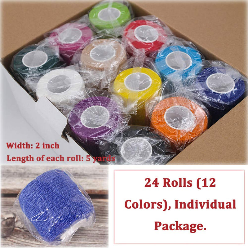 [Australia - AusPower] - 24 Pack Breathable Self Adherent Wrap, Athletic Elastic Non Woven Cohesive Bandage – for Sports, First Aid Medical, Wrist, Ankle Sprains, Swelling and Vet Wrap 2 Inch 5 Yards (Rainbow Color). 
