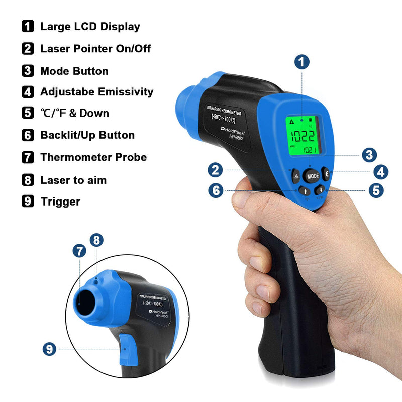 [Australia - AusPower] - HOLDPEAK Infrared Thermometer HP-980G Digital Laser Thermometer IR Temp Gun Laser Point with Range -58℉～1292℉(-50℃～700℃), D:S=16:1 Backlight and Adjustable Emissivity 2. HP-980G (DSR:16:1, -58～1292℉) 