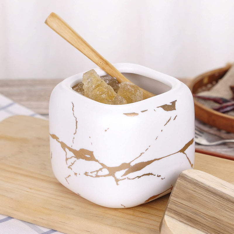 [Australia - AusPower] - VanEnjoy Decorative Marble Inlay Glaze Ceramic Sugar Spice Containers Porcelain Jar with Bamboo Lid and Spoon Condiment Jar for Home White 