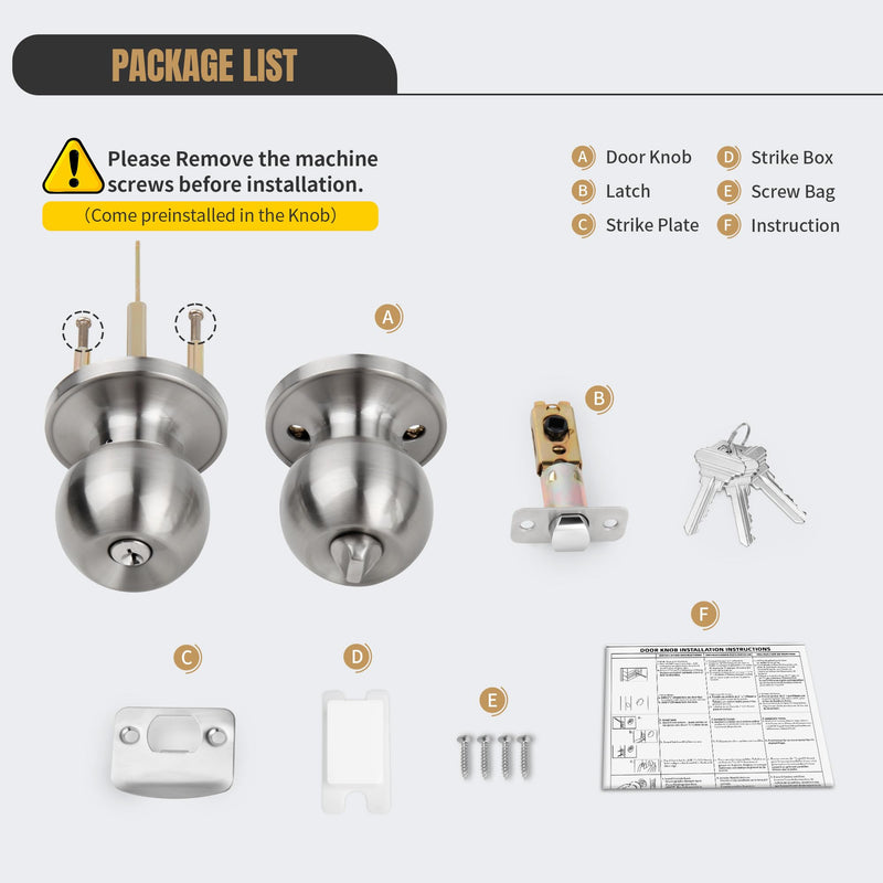 [Australia - AusPower] - Gaurqiah Keyed Entry Door Knob, Ball Design Doorknob for Interior Exterior, Reversible Round Door Lock for Front Entrance Doors, Stain Nickel Keyed Entry {Stain Nickel} 