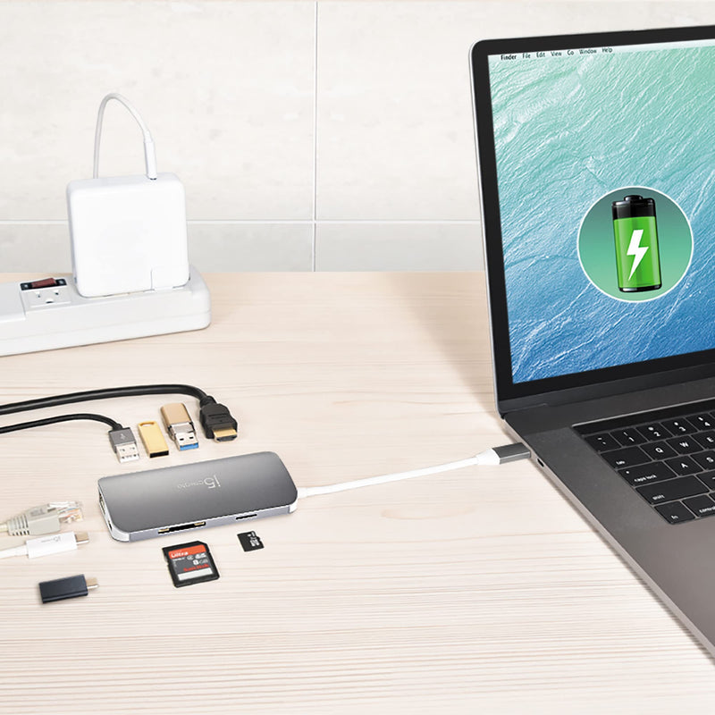 [Australia - AusPower] - j5create USB-C 9-in-1 Multi Adapter Multi Adapter HDMI/Ethernet/USB 3.1, SD and MicroSD/PD 3.0 | 4K HDMI for MacBook | ChromeBook |USB-C Devices 