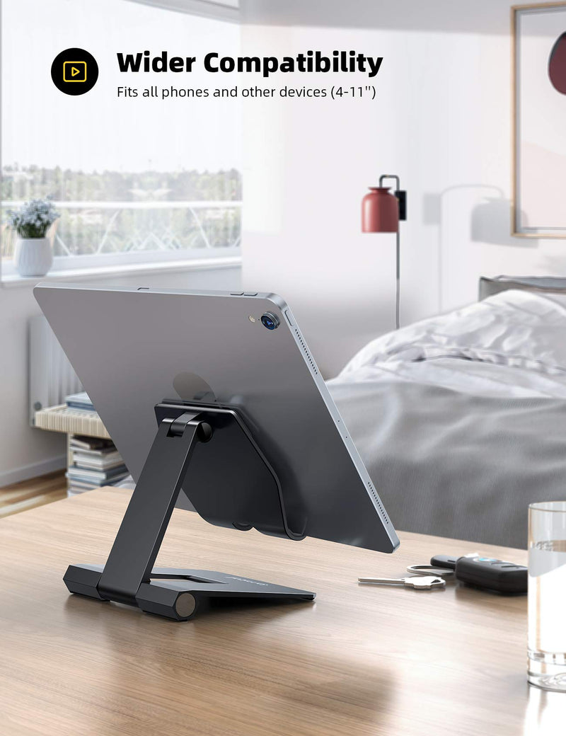 [Australia - AusPower] - Lamicall Adjustable Cell Phone Stand for Desk - Foldable Aluminum Desktop Phone Holder Cradle Dock, Compatible with Phone 13 12 Mini 11 Pro Xs Xs Max Xr X 8 7 6 6s Plus Smartphones, Tablets (4-11'') Black 