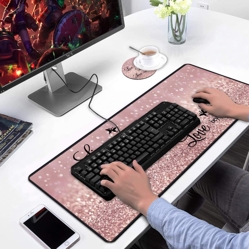 [Australia - AusPower] - Desk Pad Mat Gaming Mouse Pads with Coasters, 31.5"x 11.8" Large Non-Slip Rubber Base Mousepad with Stitched Edges for Office & Home (Quote Live Every Moment, Laugh Every Day, Love Beyond Words) Quote Live Every Moment, Laugh Every Day, Love Beyond Words 