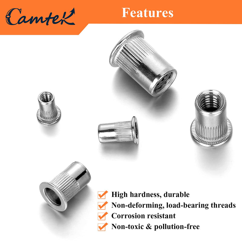 [Australia - AusPower] - 80PCS Stainless Steel Rivet Nut Set, Camtek 304 Stainless Steel Rivet Nut Flat Head Threaded Rivet nut Insert Nutsert Assortment Kit -5 Sizes(8-32 UNC,10-24 UNC,1/4-20 UNC,5/16''-18 UNC,3/8''-16 UNC) 80 