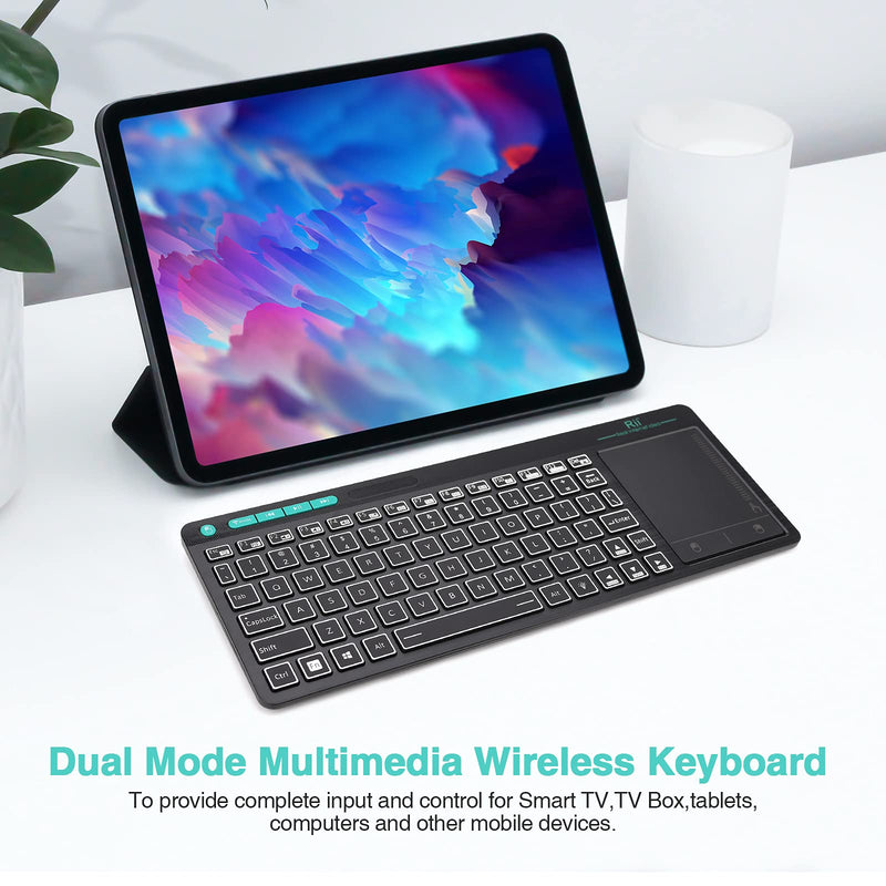 [Australia - AusPower] - (Dual Mode) Rii RT518S Wireless and Bluetooth 2-LED Color Backlit Multimedia Keyboard with Multi-Touch Big Size Trackpad,Rechargable Keyboard for Android TV Box,PC,Tablets,Smart TV, HTPC, IPTV,Windows 2.4GHz+Bluetooth 