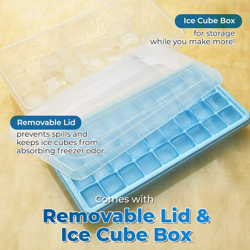 [Australia - AusPower] - Ice Cube Tray With Lid and Bin - Large Silicone Ice Tray For Freezer | Comes with Ice Container, Scoop and Cover| BPA Free| Space Saving Ice Cube Molds | Perfect for Cocktails, Waterbottles or Whisky! 36- Medium Ice Cubes Blue 
