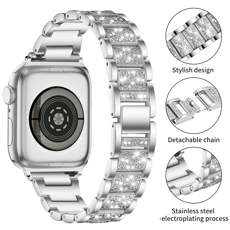 [Australia - AusPower] - SEILETOO Watch Bands Compatible for Apple Watch Band 38mm 40mm 42mm 44mm Women Men, Stainless Steel Smartwatch Bands Bling Band with Bling Diamond Protective Case for iWatch Band Series 7/6/5/4/3/2/1/SE Silver 