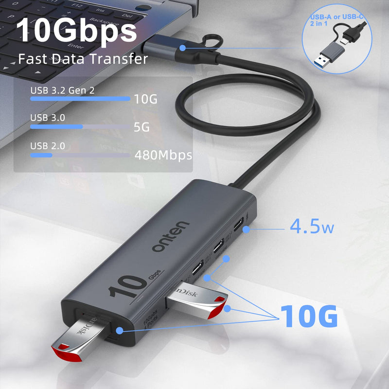[Australia - AusPower] - Onten 10Gbps USB C Hub,USB C to USB C/A Adapter with USB3.2 GEN2 Speed. USB/USB C Splitter with 2*USBA(10G) 2*USB C(10G).4 Ports USB C Adapter e(Data Transfer only,Not Support Power and Monitor) 