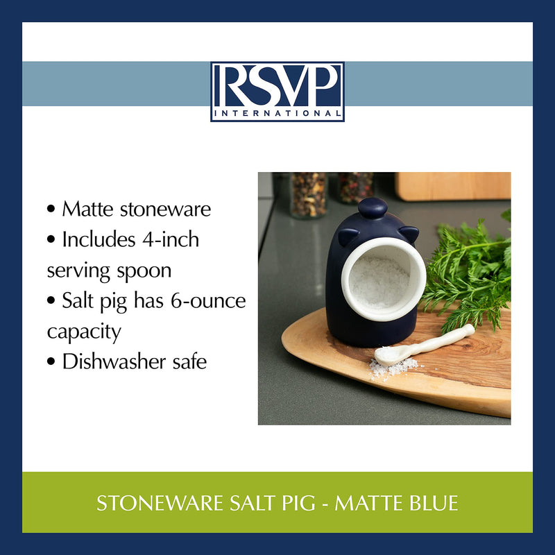 [Australia - AusPower] - RSVP International Stoneware Salt Pig and Spoon Set, Wide Mouth, Dishwasher Safe, 3x3.25x5", Blue 