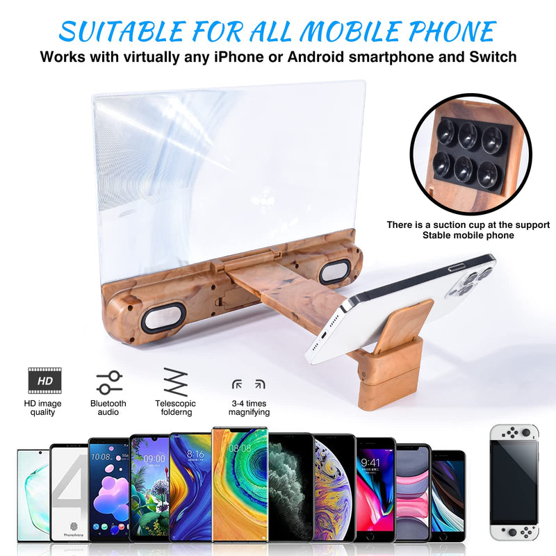 [Australia - AusPower] - 14 inch Phone Screen Magnifier with Bluetooth Speaker,Mobile Phone Screen Amplifier with 2-in-1Foldable Stretch Stand Holder Portable 3D Screen Magnifying Glass for All Smartphones(Wood Grain) 