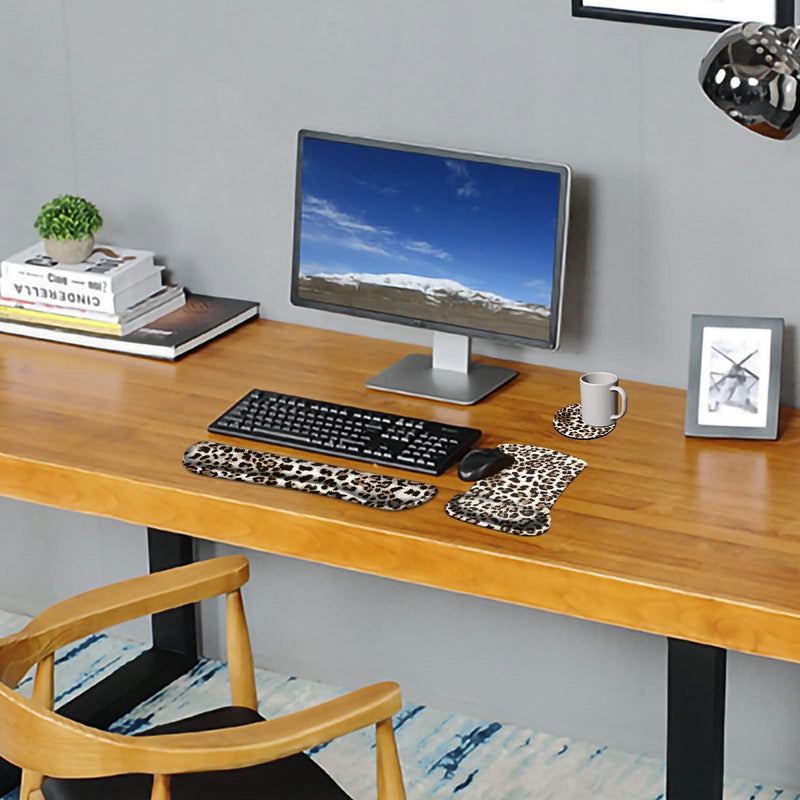 [Australia - AusPower] - Keyboard Wrist Rest Pad & Mouse pad with Wrist Rest Support Set,Ergonomic Gaming Mouse Pad Coaster Keyboard Wrist Support with Memory Foam for Easy Typing Pain Relief - Leopard Print 