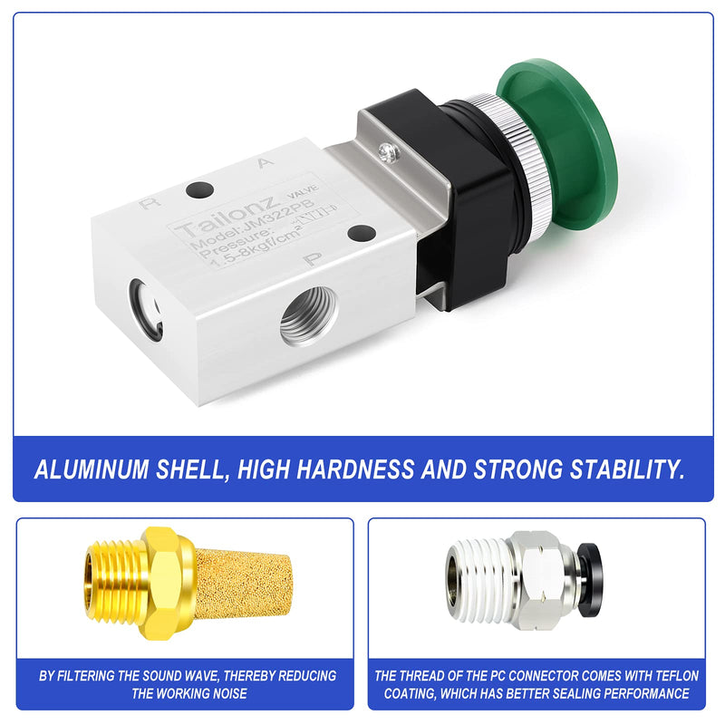 [Australia - AusPower] - TAILONZ PNEUMATIC Green 1/4”NPT Manual Control Type Mushroom Push Button 3 Way 2 Position Pneumatic Control Mechanical Valve 