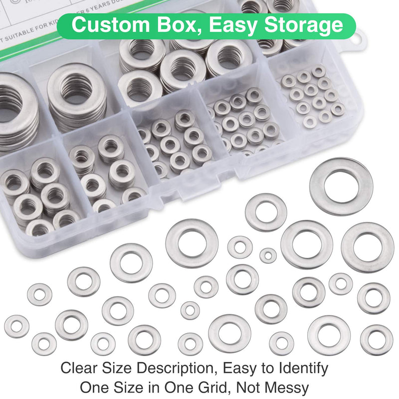 [Australia - AusPower] - 304 Stainless Steel Flat Washers Set 580 Pieces, 9 Sizes - M2 M2.5 M3 M4 M5 M6 M8 M10 M12 Suitable for Home Decoration, Factories Repair, Kitchens, Shops and Outdoor Construction 