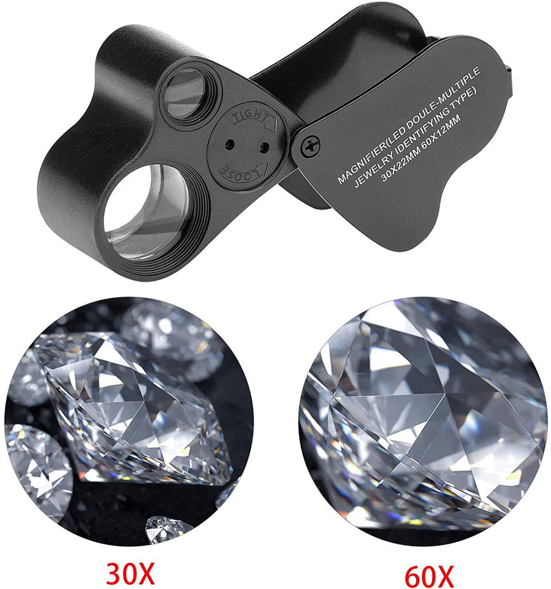 [Australia - AusPower] - Hqdz High Accuracy Diamond Tester Jewelry Detector Gem Pen 30X 60X Illuminated Eye Loupe Mini Led Foldable Magnifying Distinguish Tool (Black Tester, Black Loupe) H-ad-7 