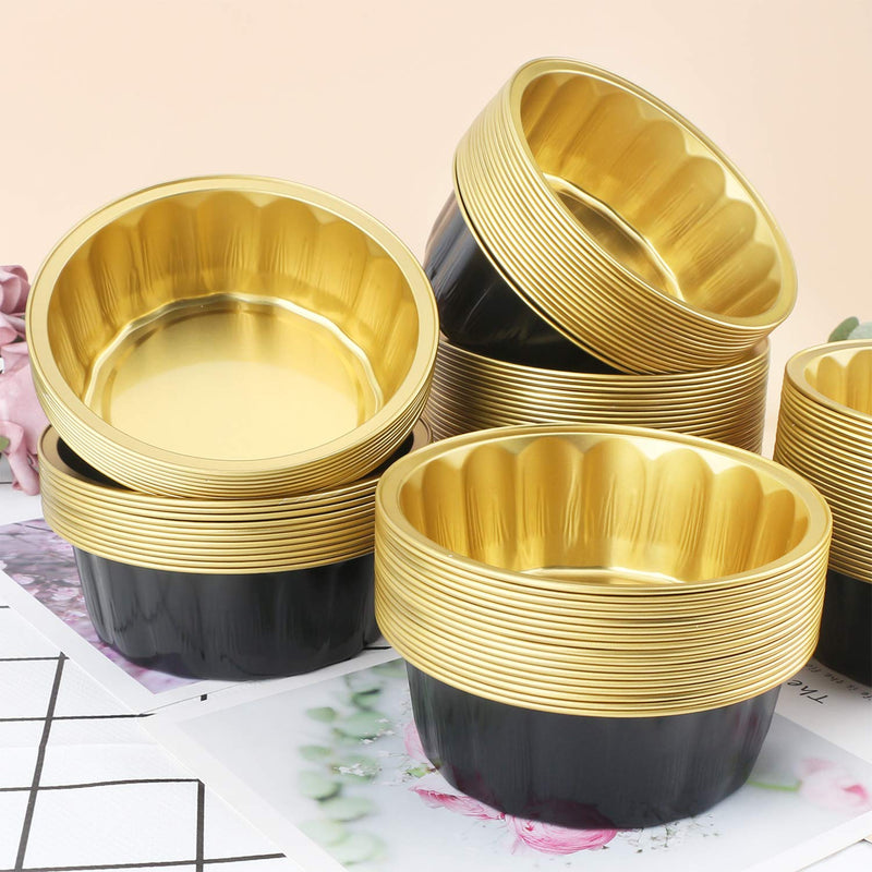 [Australia - AusPower] - Disposable Baking Ramekins, Beasea 8 oz 100 Pack 3.9" Aluminum Foil Cups Bake Utility Ramekin Cup Souffle Cup Muffin Cupcake Baking Cup Mini Pudding Cups for Party Wedding Birthday - Black Gold 03.Black Gold 