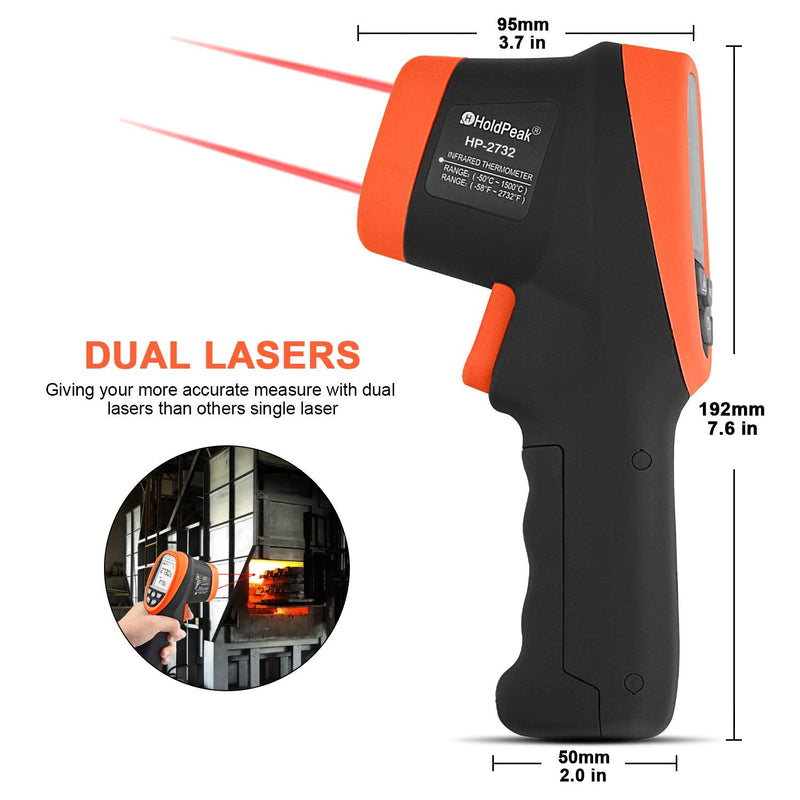 [Australia - AusPower] - HOLDPEAK HP-2732 Pyrometer -58℉~2732℉(-50℃~1500℃) D:S=30:1 Dual Laser Infrared Thermometer Professional Level IR Non-Contact Thermometer Gun , Backlit, for Casting Metallurgy(Not for Human) 2-HP-2732 (-58℉~2732℉) 