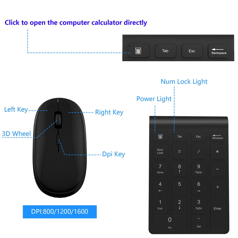 [Australia - AusPower] - Wireless Numeric Keypad & Mouse Combo, Mini 2.4G 22 Keys Number Pad, Portable Silent Financial Accounting Numeric Keypad Keyboard Extensions with Wireless Mouse for Laptop, PC, Desktop 