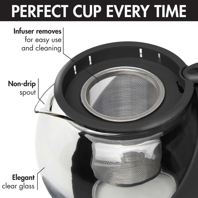 [Australia - AusPower] - Primula Half Moon Teapot with Removable Infuser, Glass Tea Maker, Stainless Steel Filter, Dishwasher Safe, 40-Ounce, Black 