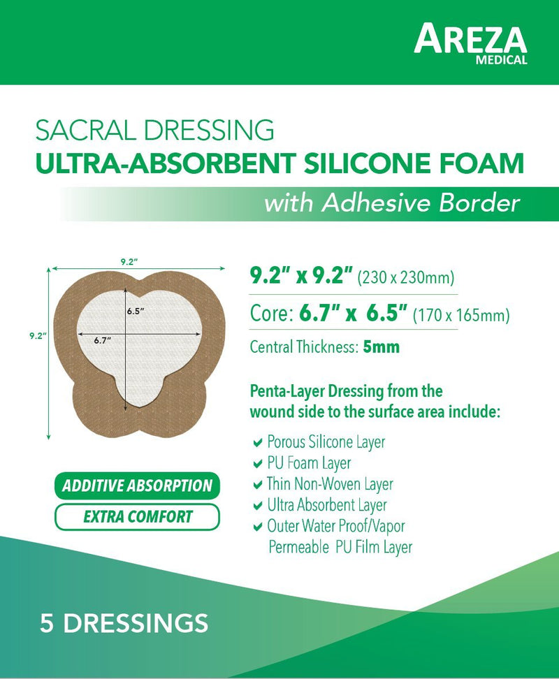 [Australia - AusPower] - Sacral Ultra-Absorbent Silicone Foam Dressing 9.2" X 9.2" Box of 5; Sterile; Wound Dressing By Areza Medical 