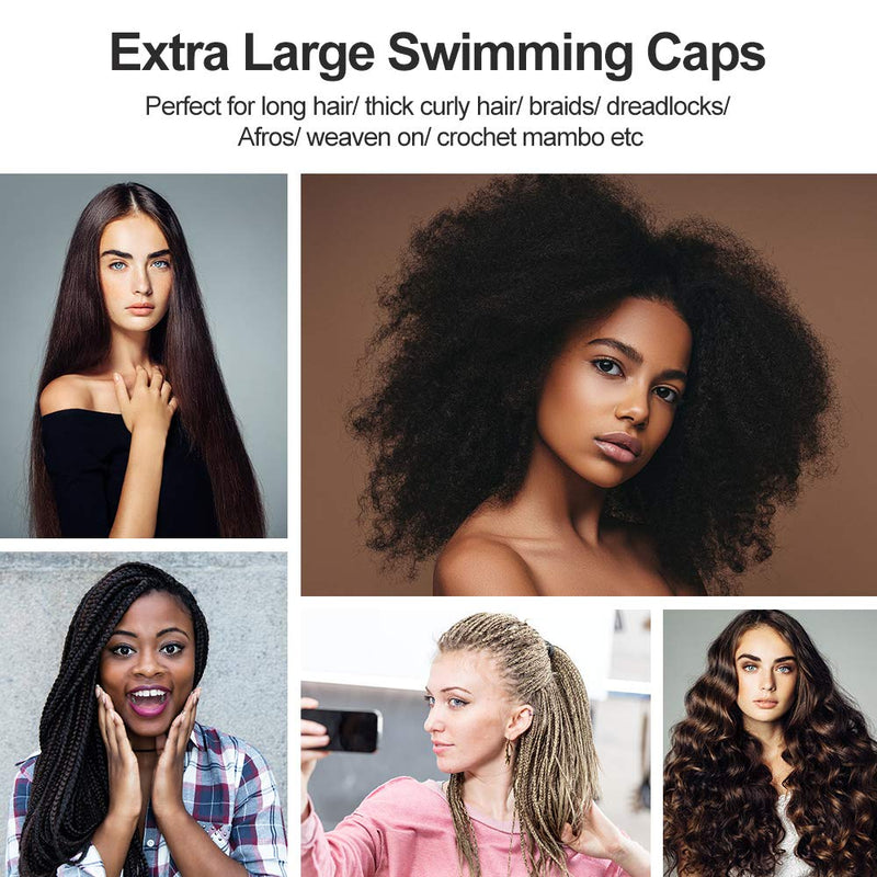 [Australia - AusPower] - COPOZZ Extra Large Swim Cap, Designed for Long Hair Braids Dreadlocks Weaves Hair Extensions Curls & Afros, Silicone Bathing Cap Swimming Hat for Women Men Black 