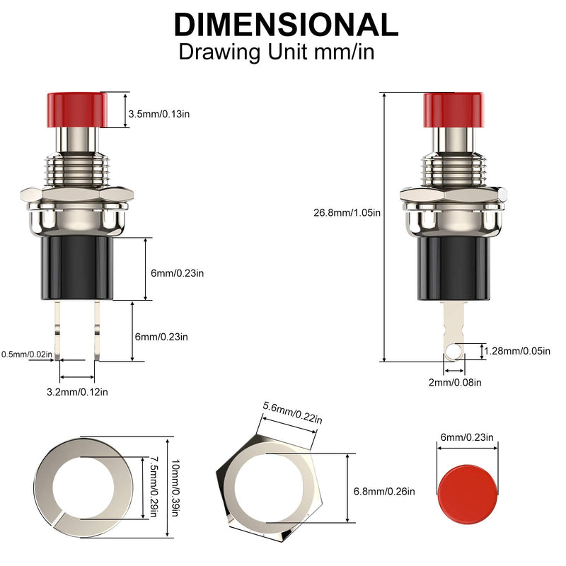 [Australia - AusPower] - DIYhz Momentary Push Button Switch, 1A 250VAC SPST Mini Pushbutton Switches Normal Closed(NC) Red Cap - 10pcs NC-10 