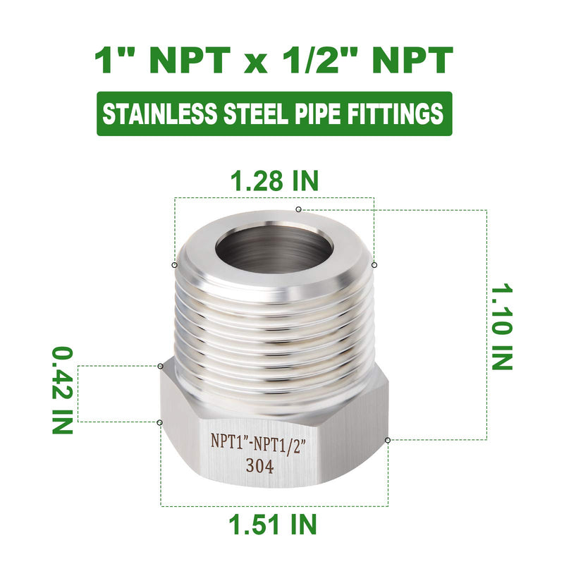 [Australia - AusPower] - TAISHER 2PCS Forging of 304 Stainless Steel Reducer Hex Bushing, 1" Male NPT to 1/2" Female NPT, Reducing Cast Pipe Adapter Fitting 1" MNPT x 1/2" FNPT 2 