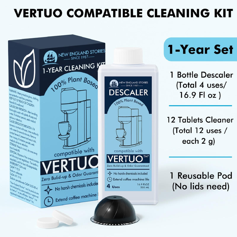 [Australia - AusPower] - New England Stories Nespresso Compatible Descaling Kit, 12 Months Cleaning Set for Vertuoline Brewer, Includes 1 Bottle(4 Uses) of Descaling Solution, 12 Cleaning Tablets and 1 Reusable Pod 