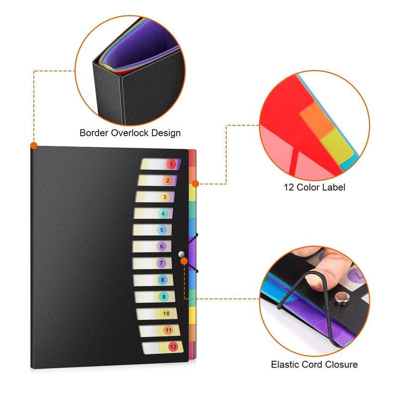 [Australia - AusPower] - ABC life 24 Pockets Poly Project Organizer Letter Size,Expanding Project Sorter Heavy Duty Plastic Document Organizer,Rainbow Accordion Folders A4 Hold 240sheets with Elastic Cord/Color Label,Black A Black 