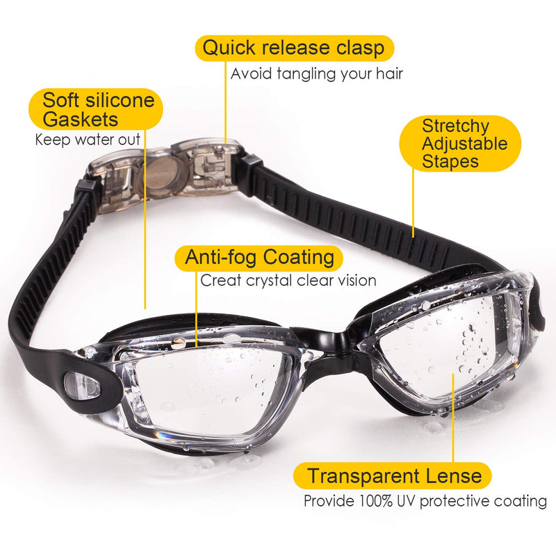 [Australia - AusPower] - Yizerel Swim Goggles, 2 Pack Swimming Goggles for Adult Men Women Youth Kids Child, No Leaking Anti Fog UV 400 Protection Waterproof 180 Degree Clear Vision Triathlon Pool Goggles Black/Blue(clear) 
