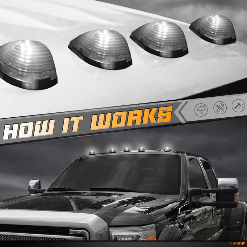 [Australia - AusPower] - HERCOO Smoke Roof Cab Marker Lights Lens w/LED Bulbs Aftermarket Replacement Compatible with F150 F250 F350 F450 F550 Super Duty (Qty:5 Smoke Lens + White LED 