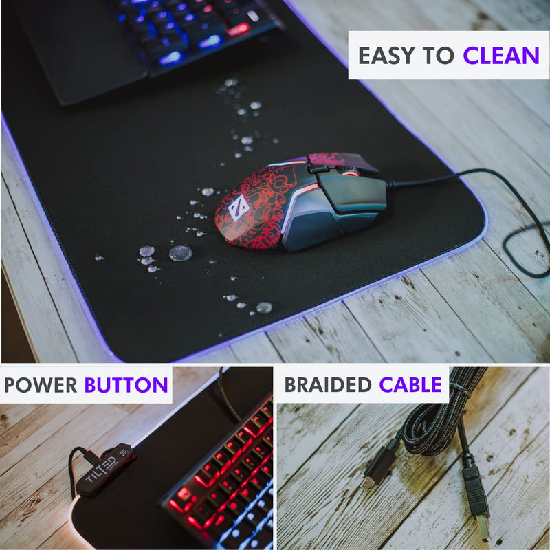 [Australia - AusPower] - Tilted Nation RGB Gaming Mouse Pad Large - LED Extended Mousepad Desk Mat with 8 Adjustable Light Modes - Computer Mouse and Keyboard Pad - Non Slip Rubber Base, Easy to Clean Water Proof Surface Black with RGB Lighting 