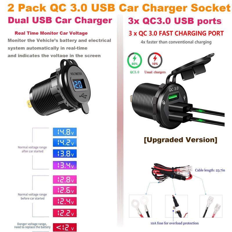 [Australia - AusPower] - 2 Pack Quick Charge 3.0 USB Car Charger Socket, Upgraded 3xQC3.0 USB Ports & Dual 12V USB Outlet with Volmeter Waterproof 36W 12V Power Outlet Fast Charge with 10A Wire Fuse Aluminum for Car Boat RV 