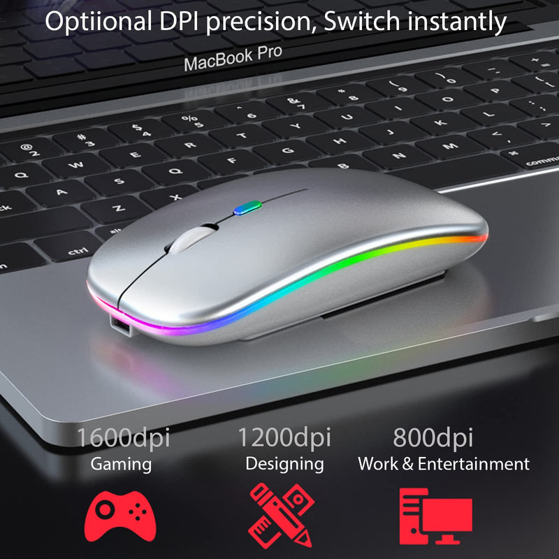 [Australia - AusPower] - Wireless Bluetooth Rechargeable Mouse/Mice, LED Slim Three Modes(2.4G+BT5.2+BT3.0) Silent/Quiet Buttons with 3 Adjustable DPI, for Computer/PC/Laptop/MacBook/iPad/Tablet/iPhone/Desktop_Gray Metallic Gray 