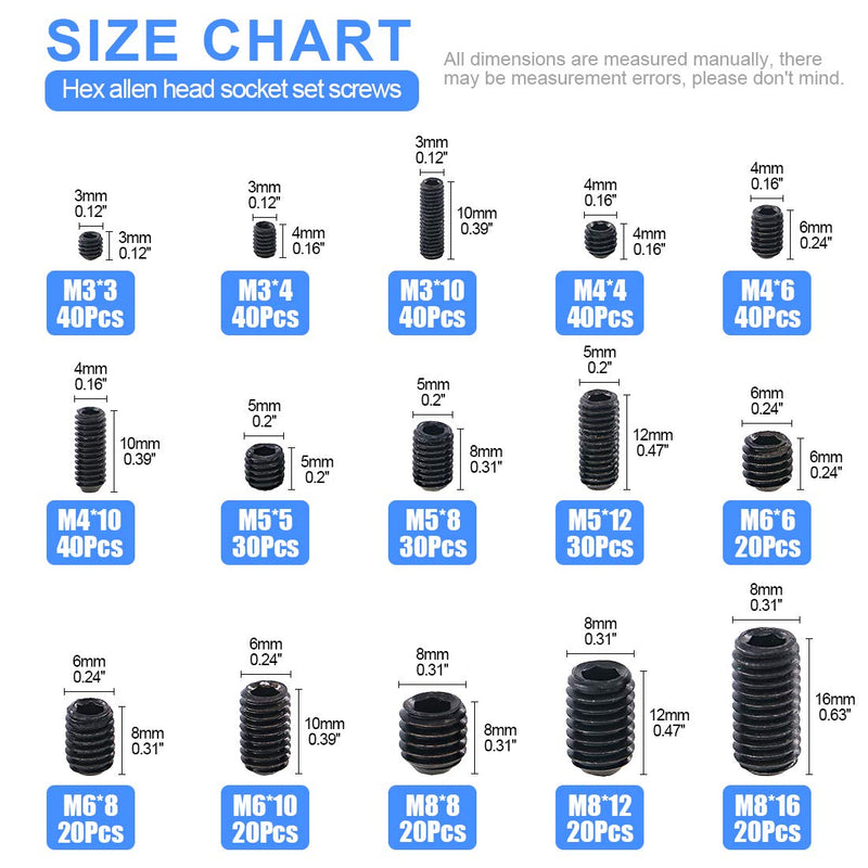 [Australia - AusPower] - Glarks 450Pcs M3/M4/M5/M6/M8 Allen Head Socket Set Screw, 12.9 Class Black Alloy Steel Internal Hex Drive Grub Screw Assortment Kit 