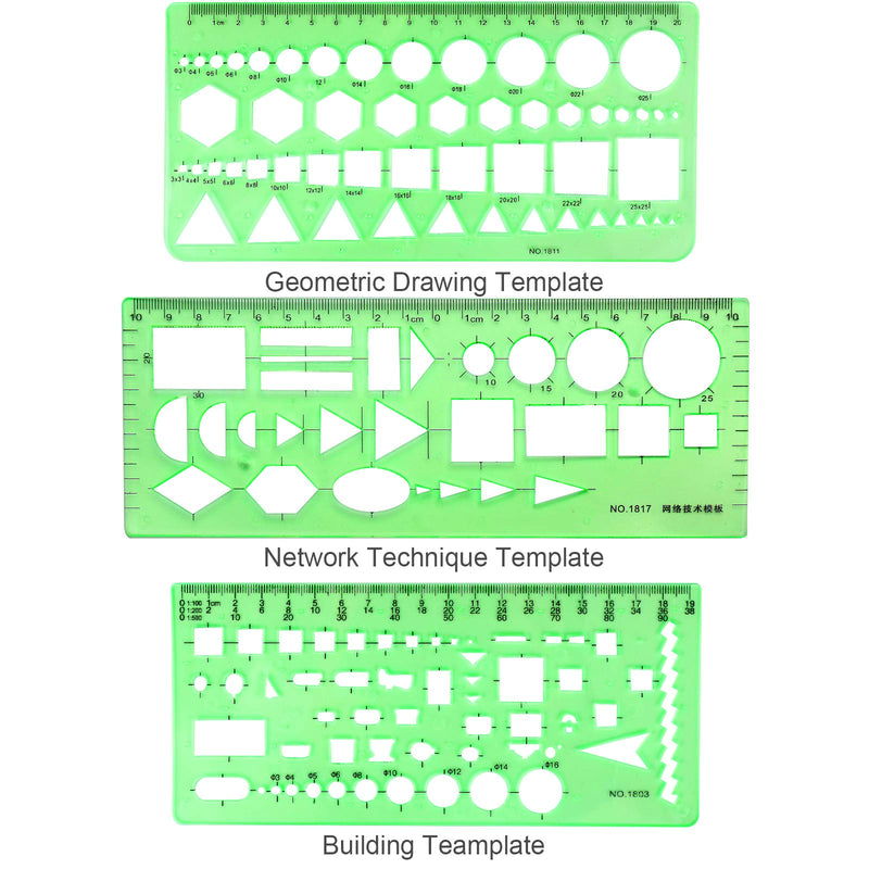 [Australia - AusPower] - 11PCS Geometric Drawings Templates, Drafting Stencils Measuring Tools, BetyBedy Plastic Clear Green Ruler Shapes with a Zipper Bags for Architecture, Office, Studying, Designing and Building 